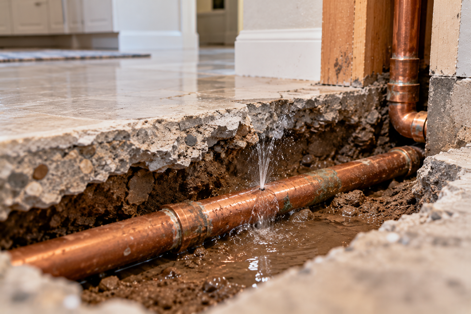 Water spraying from a leaking copper pipe beneath a concrete slab, illustrating a slab leak in an Orange County home.