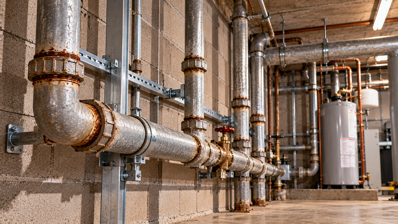 Large galvanized steel plumbing pipes and fittings with visible aging and corrosion inside a commercial utility room.