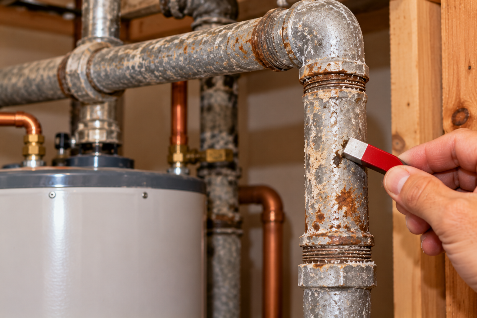 Magnet testing an exposed galvanized steel pipe for corrosion in an Orange County home.