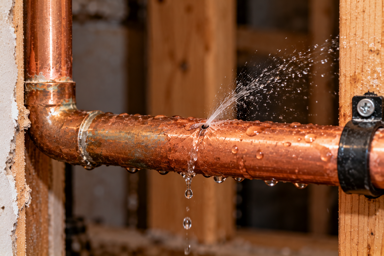 Pinhole leak spraying water from an aging copper pipe inside an Orange County home, showing a common sign of failing plumbing.