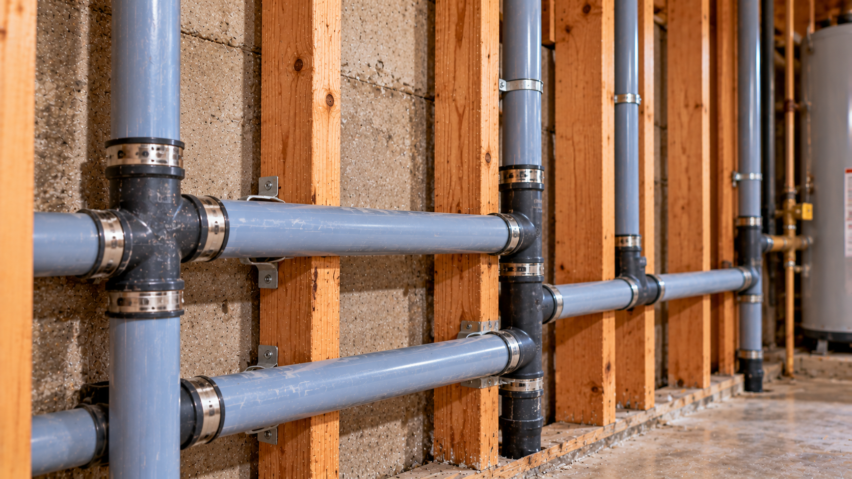 Gray plastic plumbing pipes with multiple fittings and connections installed along exposed wall framing in a commercial building. Quest Pipe in Commercial Buildings