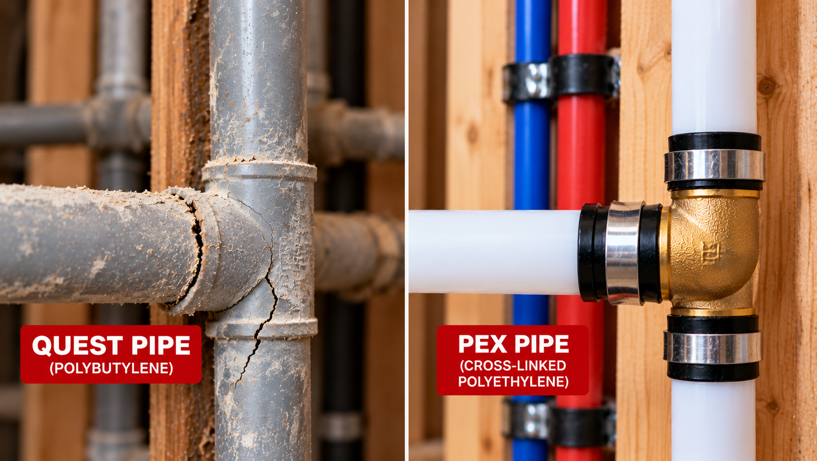 Side-by-side comparison of cracked gray Quest polybutylene pipe and newer PEX plumbing installed inside wall framing.