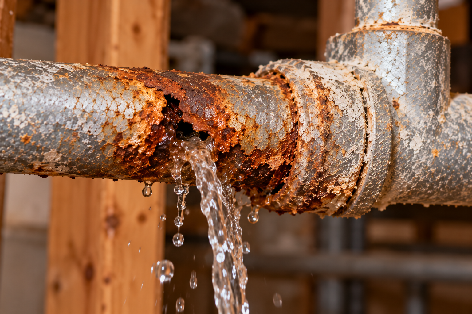 Severely corroded galvanized pipe bursting and leaking water, showing how aging galvanized plumbing can fail in Orange County homes.
