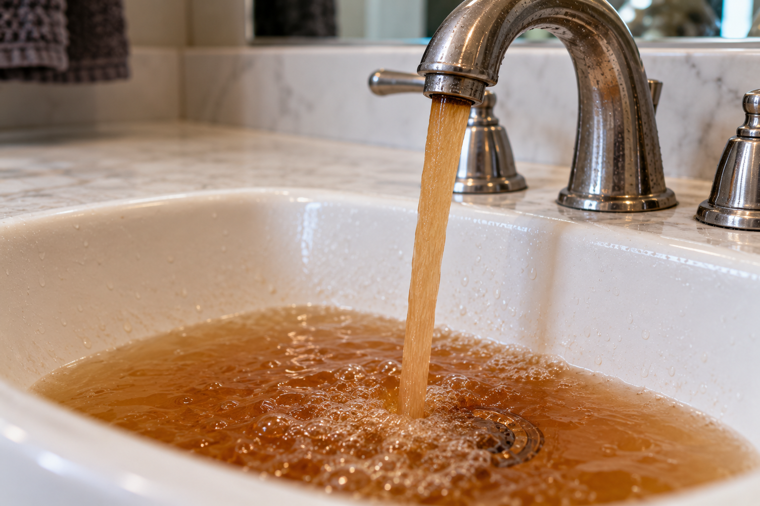 Rusty brown water flowing from a bathroom faucet, a warning sign of corroded galvanized pipes in a San Diego home.