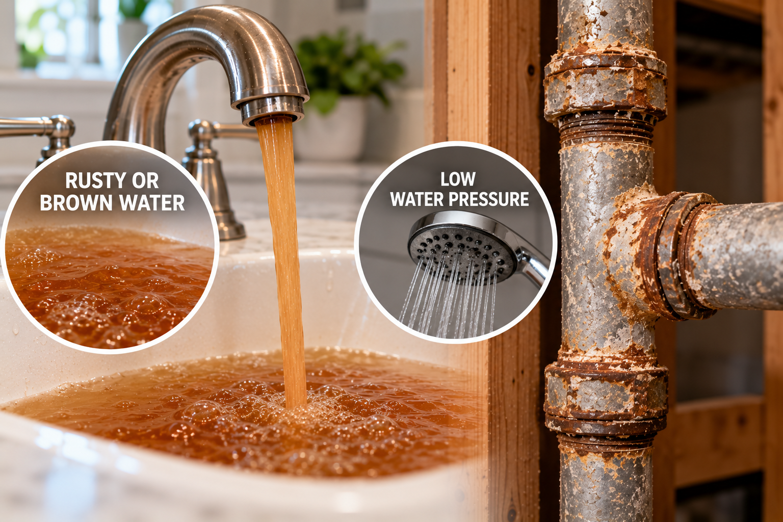 Rusty brown water and low water pressure shown alongside corroded galvanized pipes, two signs of aging plumbing in an Orange County home.